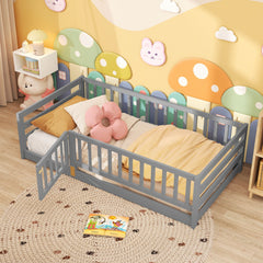 Twin Size Floor Bed with High Fence and Door Playhouse for Kids-Gray
