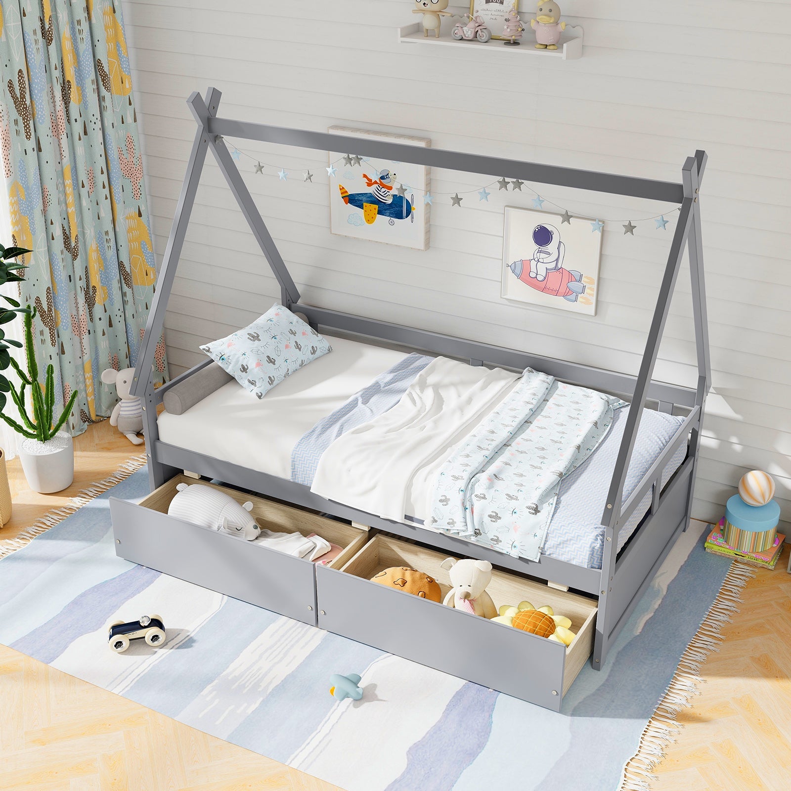Twin Size House Bed with Roof and Safety Guardrail-Gray