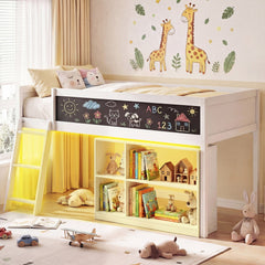 Twin Size Kids Loft Bed with LED Lights and Removable Bookcase