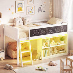 Twin Size Kids Loft Bed with LED Lights and Removable Bookcase