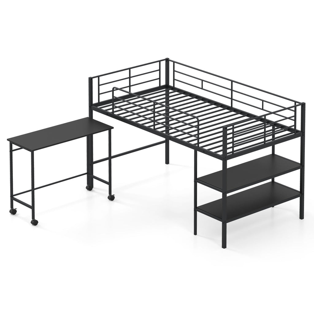 Twin Size Loft Bed with Rolling Desk and Bookshelf Platform Bed Frame