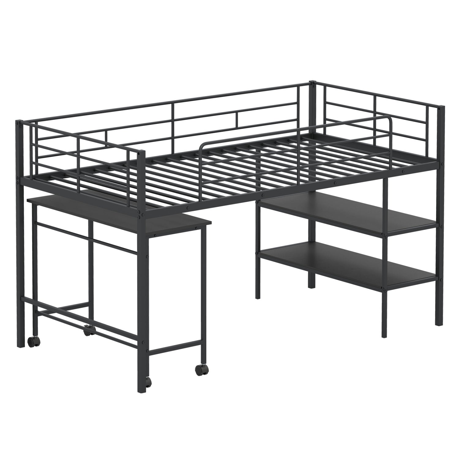 Twin Size Loft Bed with Rolling Desk and Bookshelf Platform Bed Frame