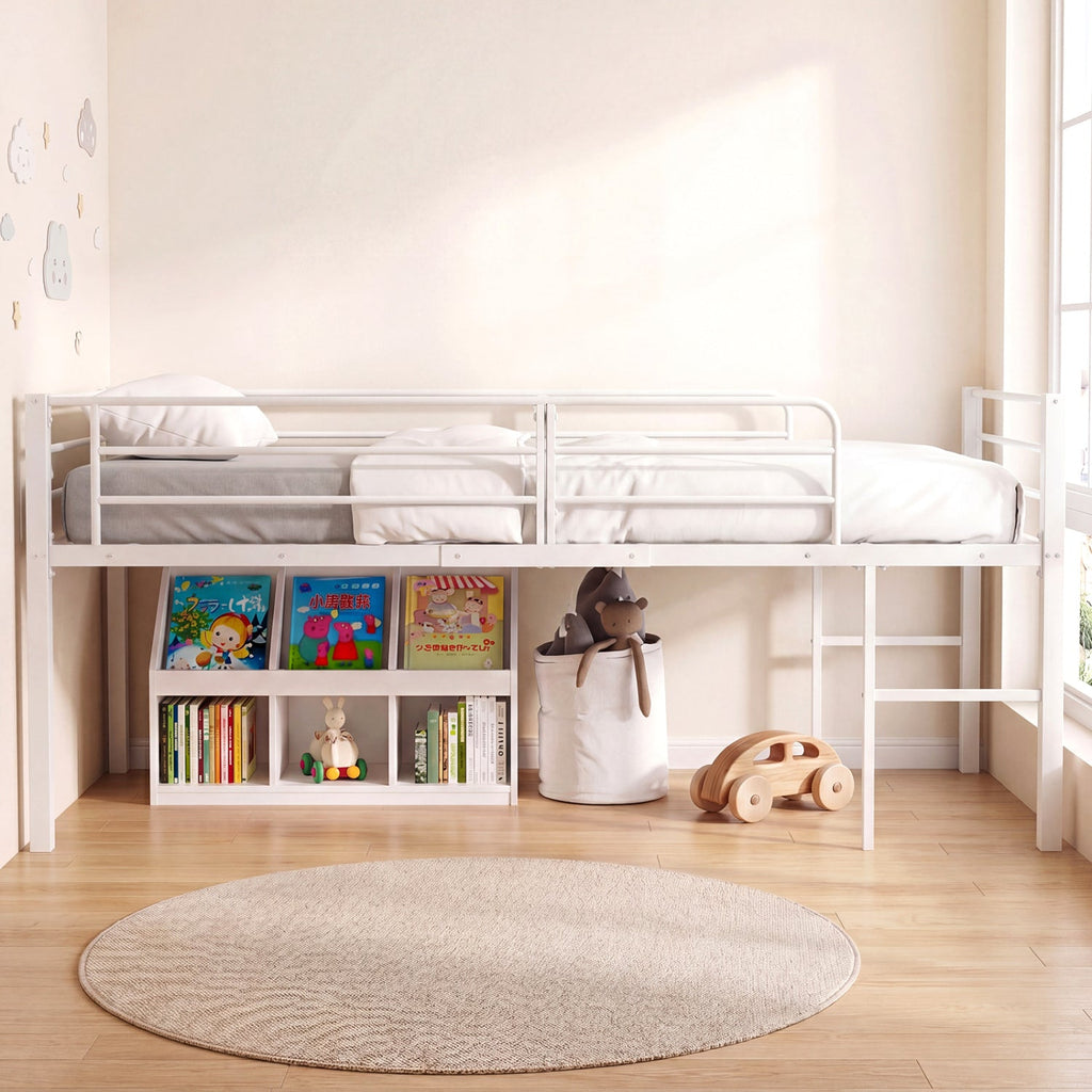 Twin Low Loft Bed with Safety Guardrails and 2 Ladders