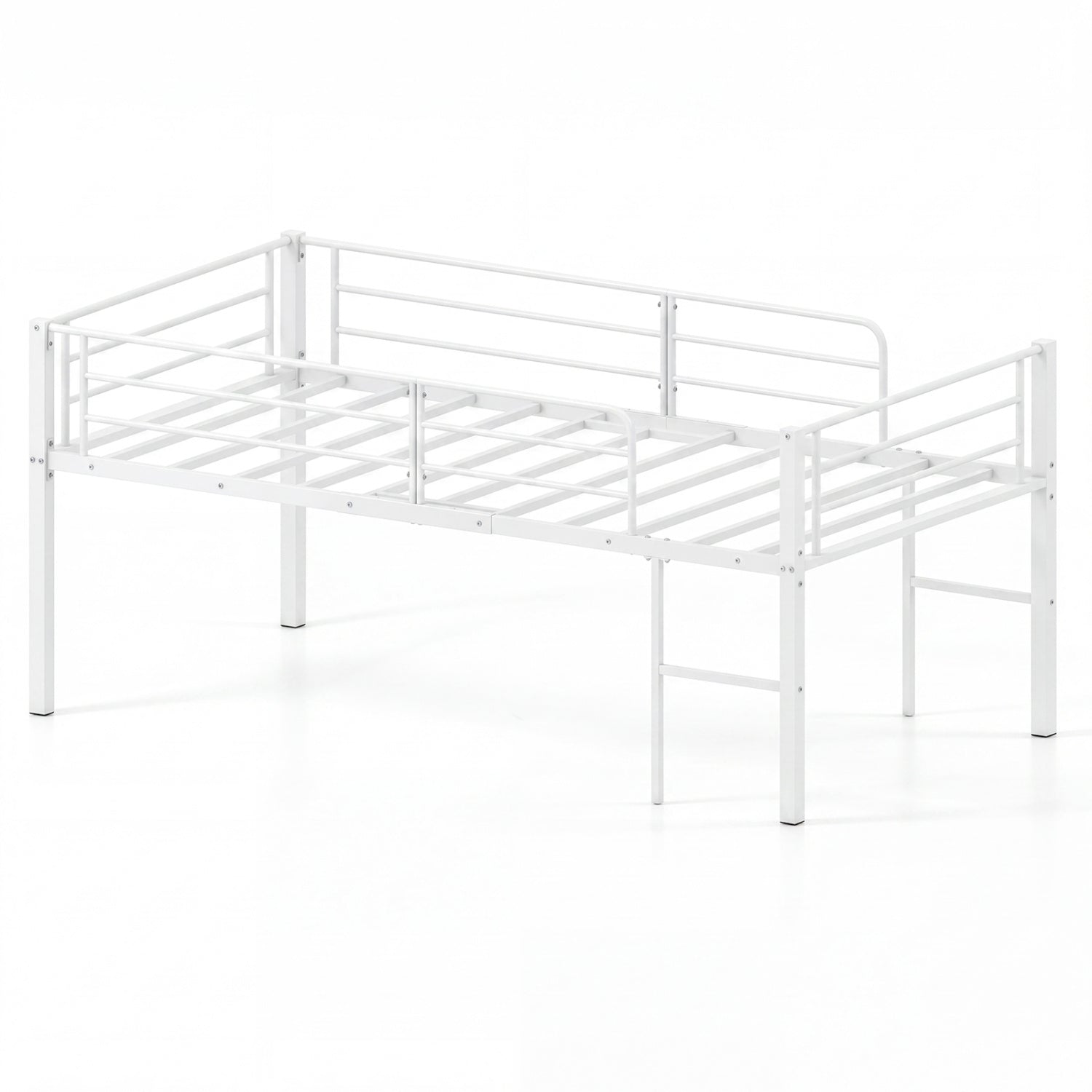 Twin Low Loft Bed with Safety Guardrails and 2 Ladders