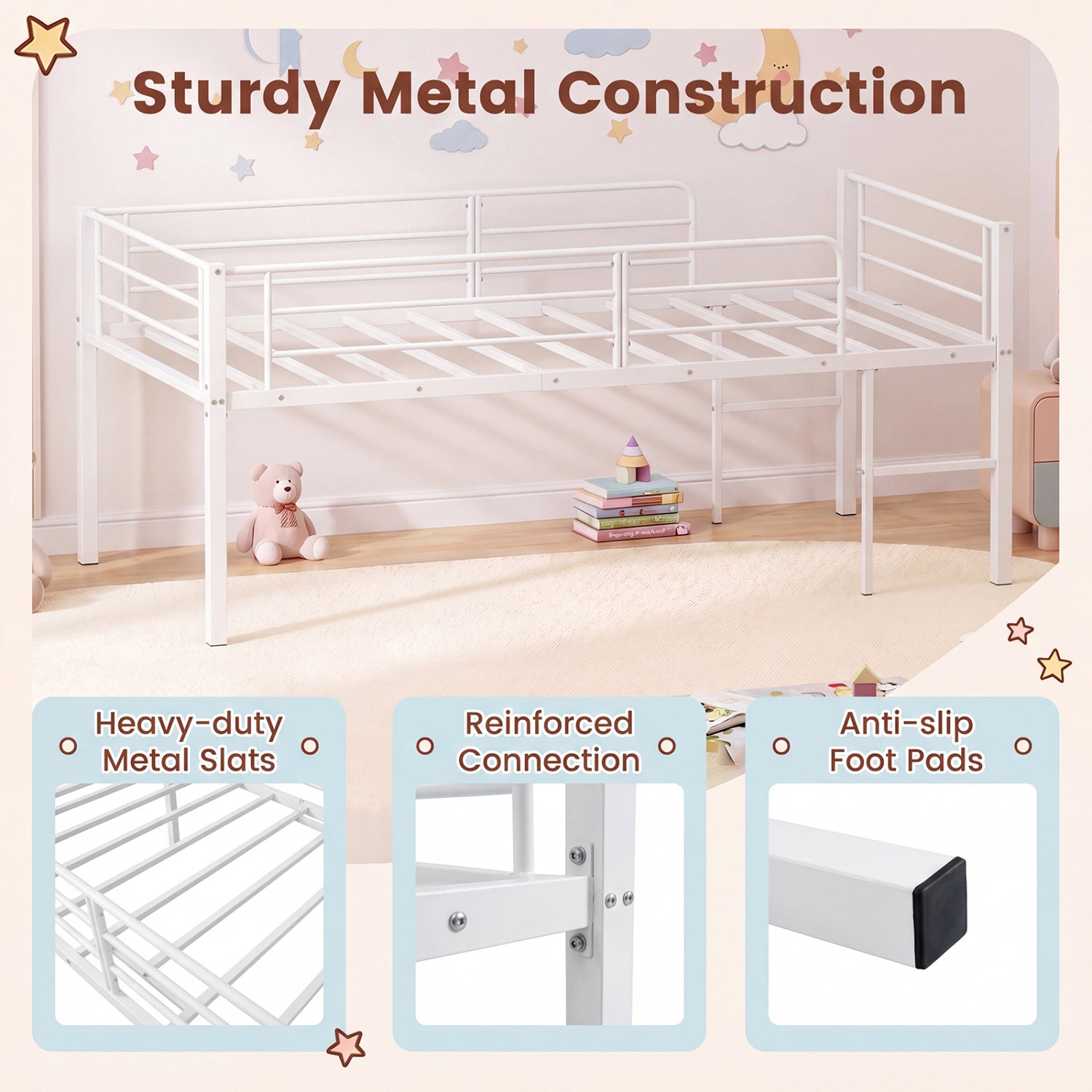 Twin Low Loft Bed with Safety Guardrails and 2 Ladders