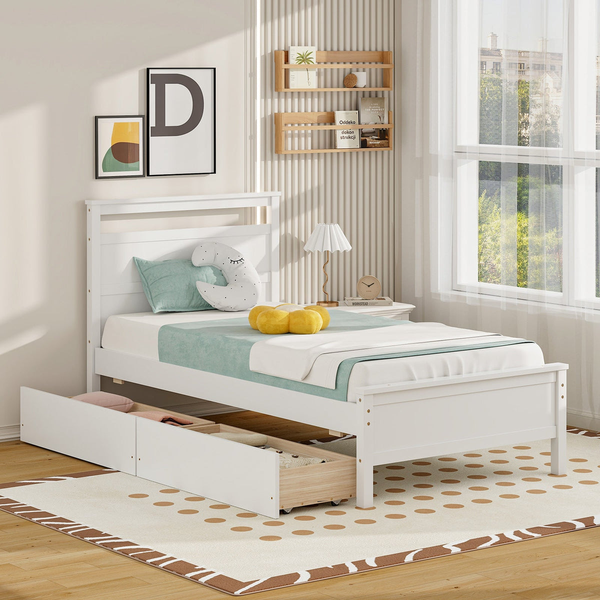 Twin Size Wooden Bed Frame with 2 Drawers for Teens and Adults-White