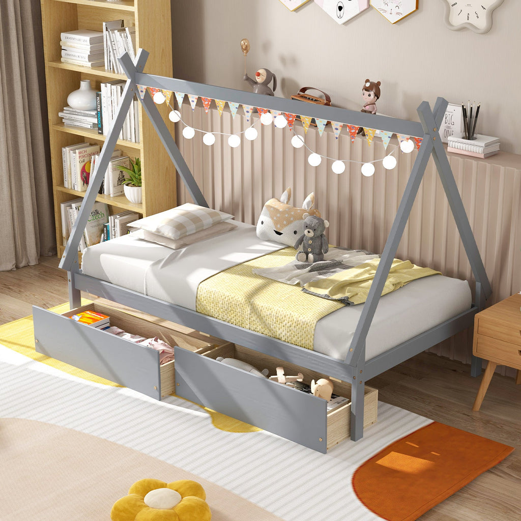 Twin Size Wooden Tent Platform House Bed with 2 Drawers-Gray