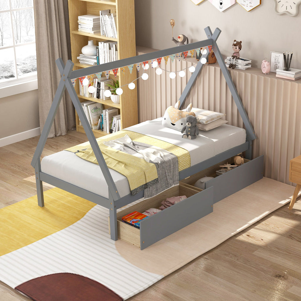 Twin Size Wooden Tent Platform House Bed with 2 Drawers-Gray