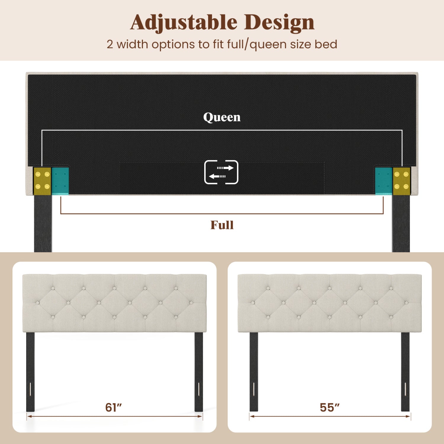 Upholstered Tufted Headboard Queen/Full Size with Adjustable Legs
