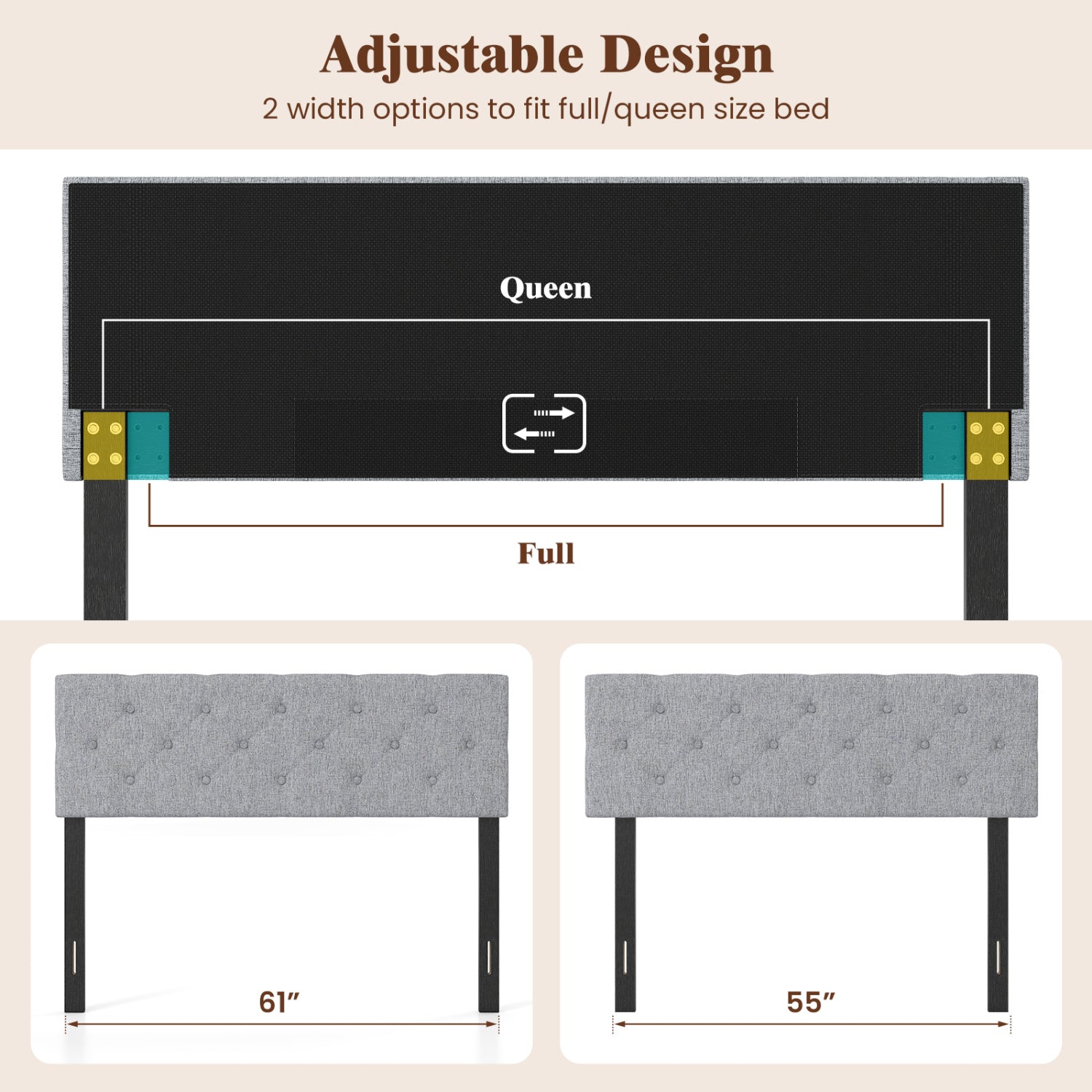 Upholstered Tufted Headboard Queen/Full Size with Adjustable Legs