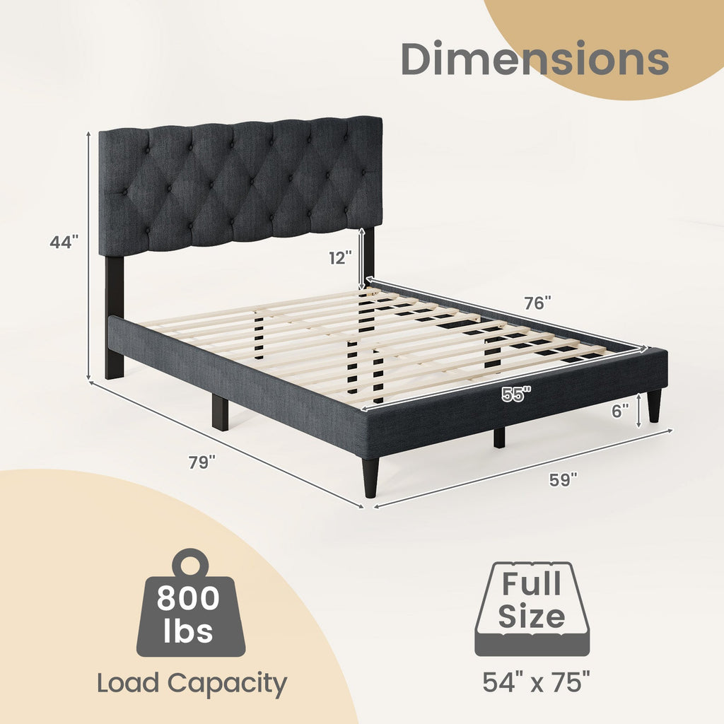 Upholstered Platform Bed with Tufted Headboard and Wooden Slats Gray-Full Size