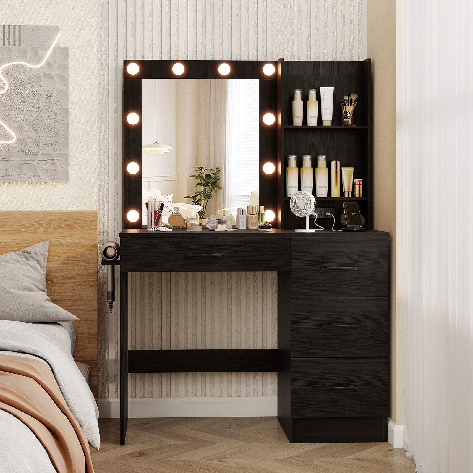 Vanity Desk with 3-Color Lights and Power Outlets-Black