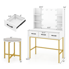 Vanity Desk with Mirror and Lights Makeup Dressing Table and Cushioned Stool Set-White