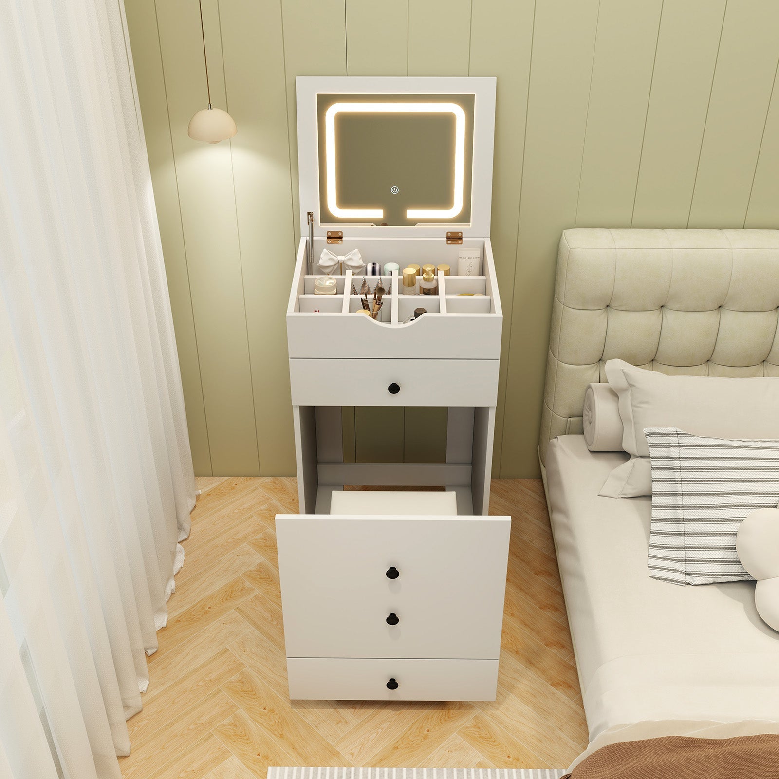 3-in-1 Vanity Set with Cushioned Stool and Flip-up Mirror-White