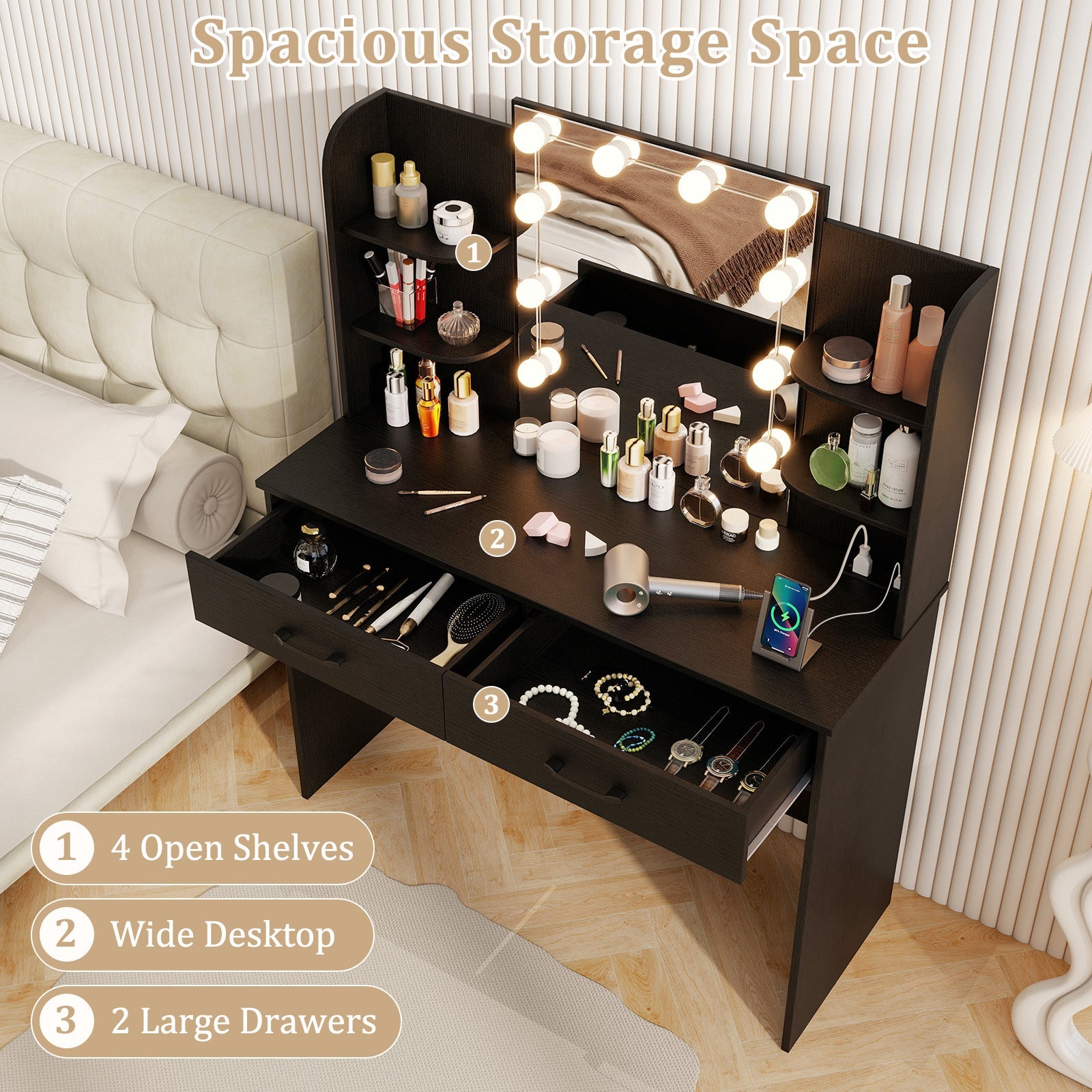 Vanity Set with Lighted Mirror and Stool with Power Outlet-Black