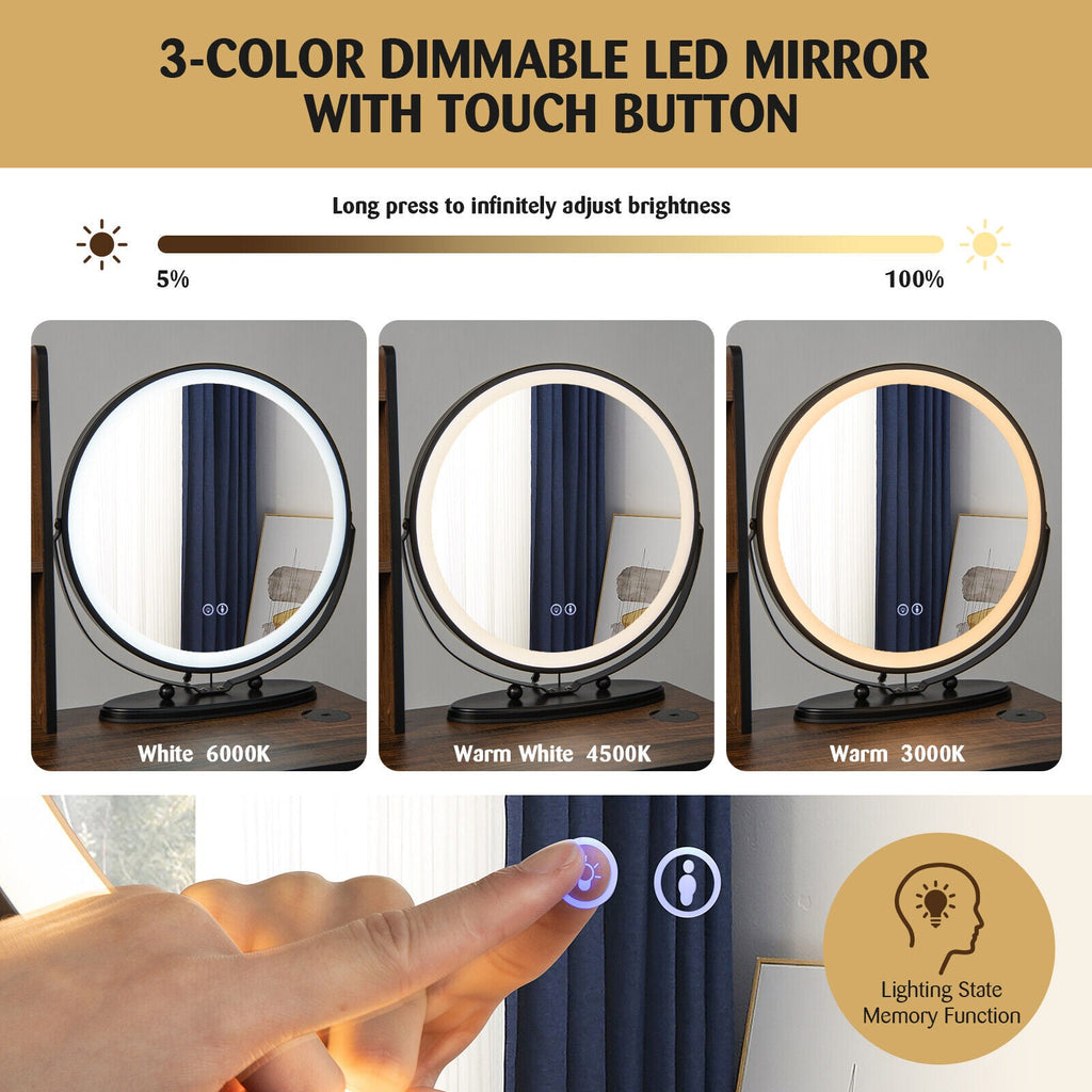 Vanity Table Set with 3-Color Lighted Mirror and Cushioned Stool-Rustic Brown
