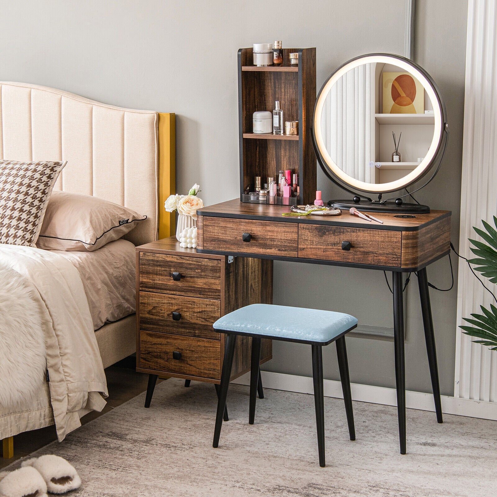 Vanity Table Set with 3-Color Lighted Mirror and Cushioned Stool-Rustic Brown