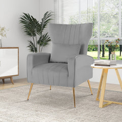 Velvet Upholstered Wingback Chair with Lumbar Pillow and Golden Metal Legs