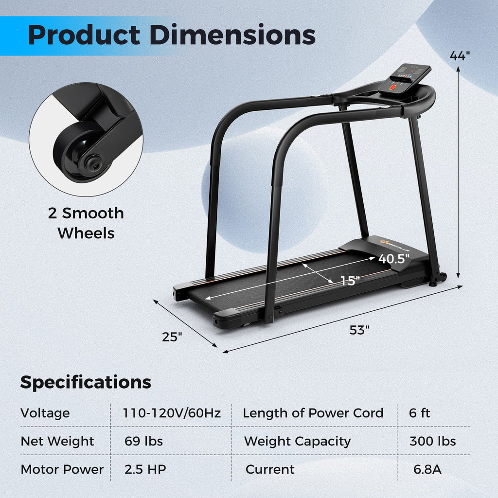 2.5 HP Walking Treadmill with Long Handrails for Seniors-Black