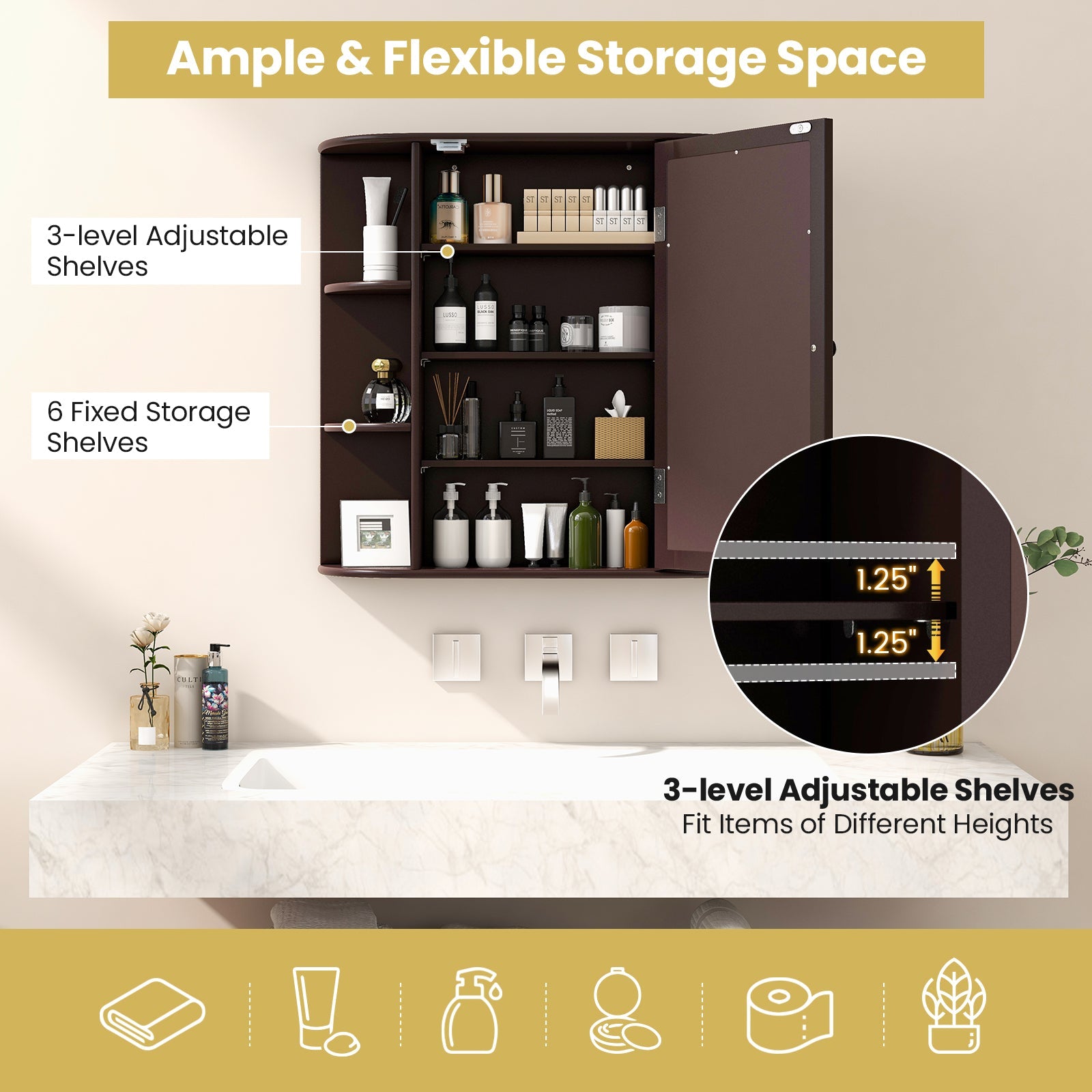 Wall-Mounted Bathroom Mirror Cabinet with Storage Shelves-Brown