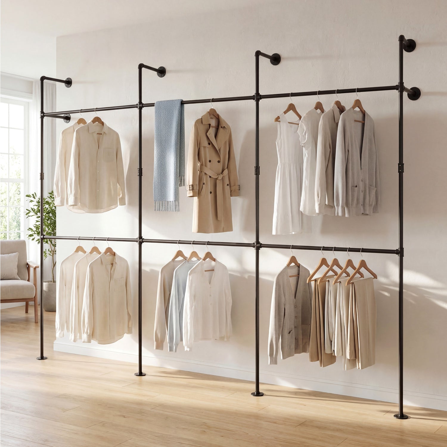 Wall Mounted Pipe Clothing Rack with 6 Hanging Rods