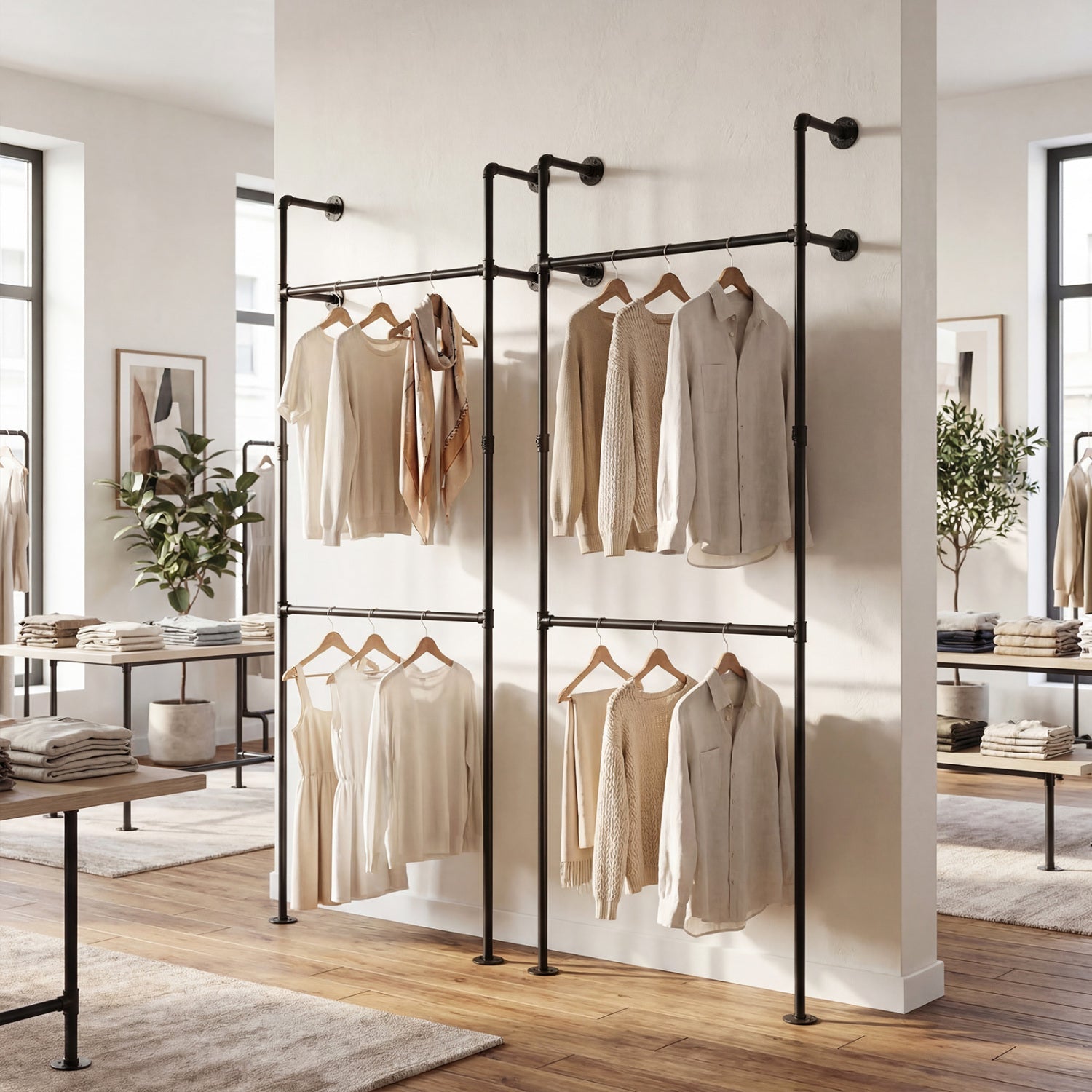 Wall Mounted Pipe Clothing Rack with 2 Hanging Rods