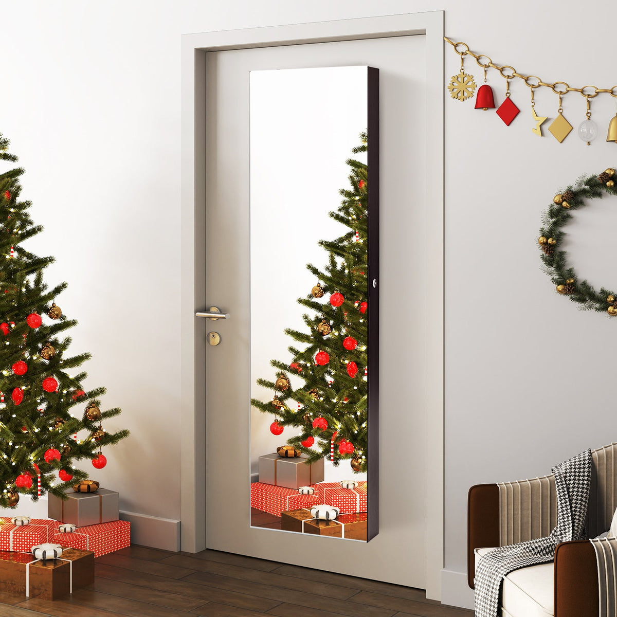 Wall and Door Mounted Mirrored Jewelry Cabinet with Lights-Brown