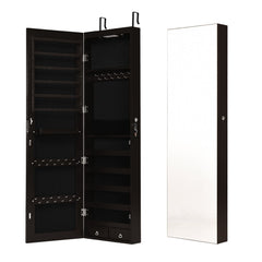 Wall and Door Mounted Mirrored Jewelry Cabinet with Lights-Brown