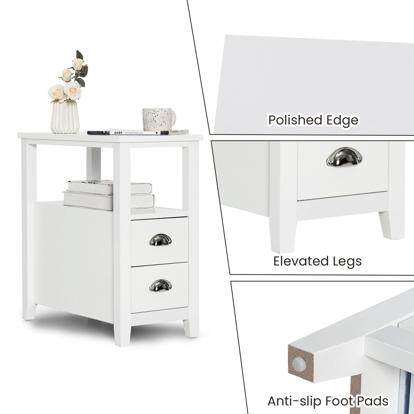 Set of 2 End Table Wooden with 2 Drawer & Shelf Bedside Table