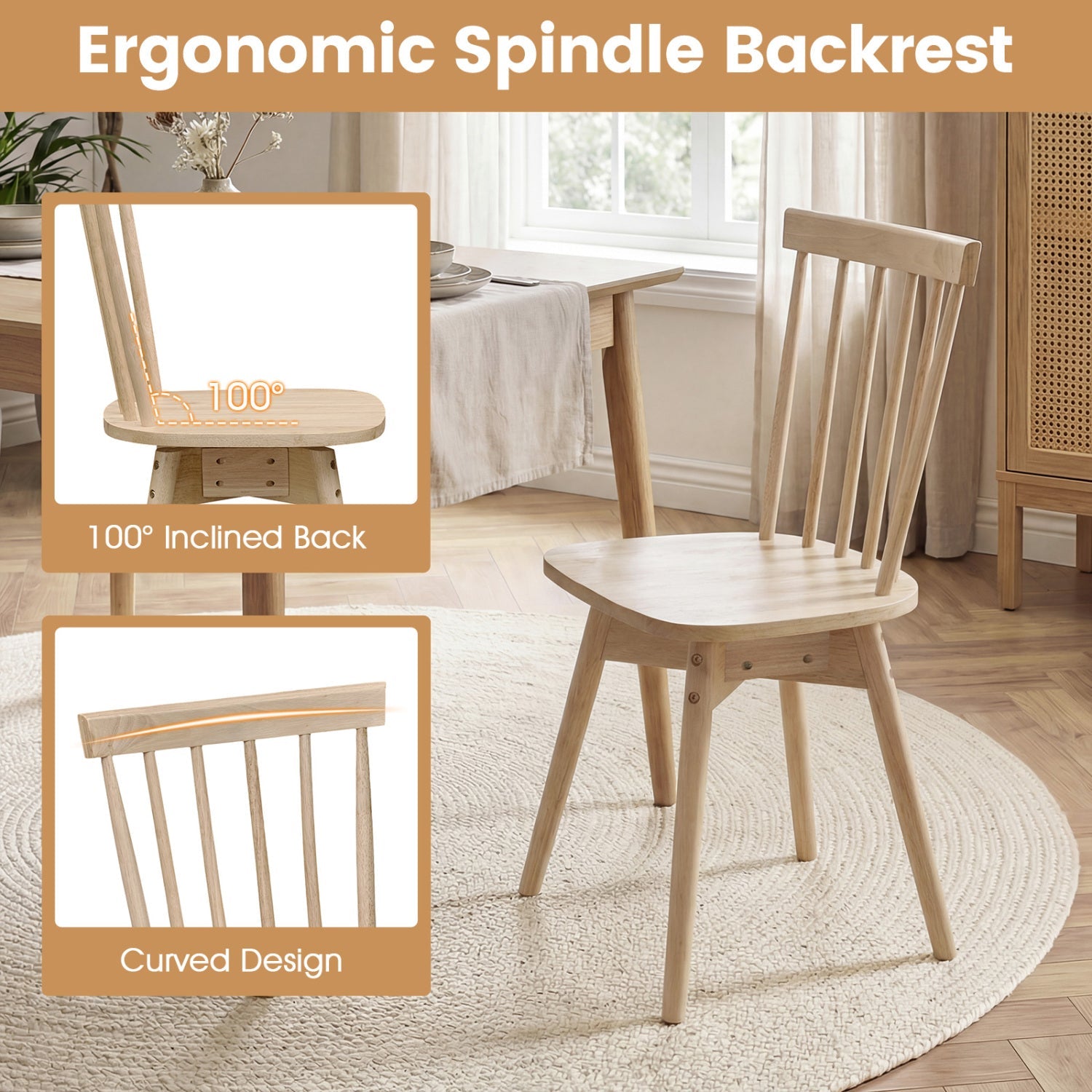 Windsor Dining Chairs Set of 4 Mid Century Rubber Wood Kitchen Chairs with Swivel Seat