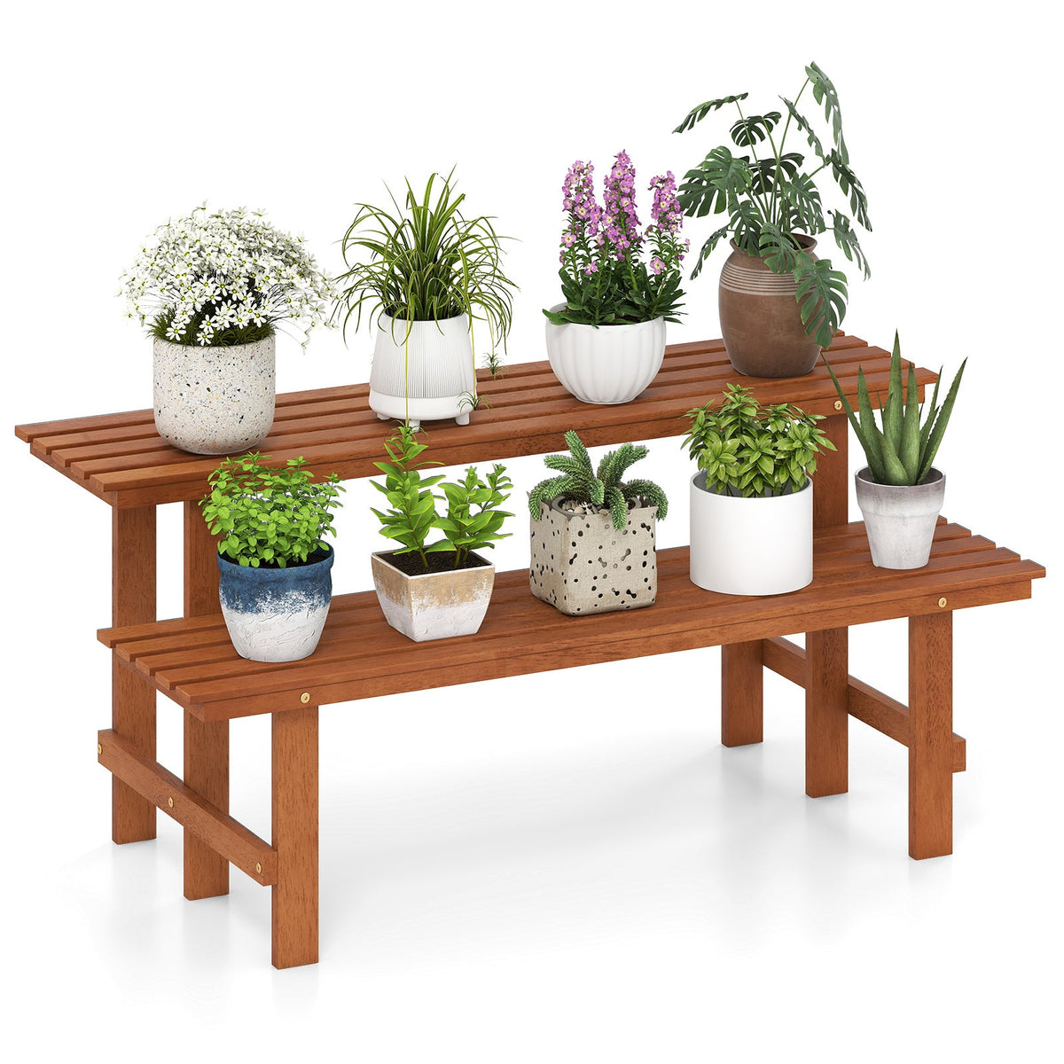 2-Tier Wood Plant Stand Ladder Plant Shelf for Indoor Outdoor