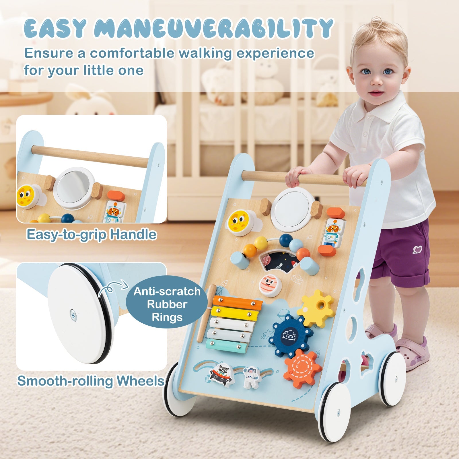 Wooden Baby Walker Push and Pull Learning Activity Center with Wheels for Toddlers 1+ Years Old-Blue