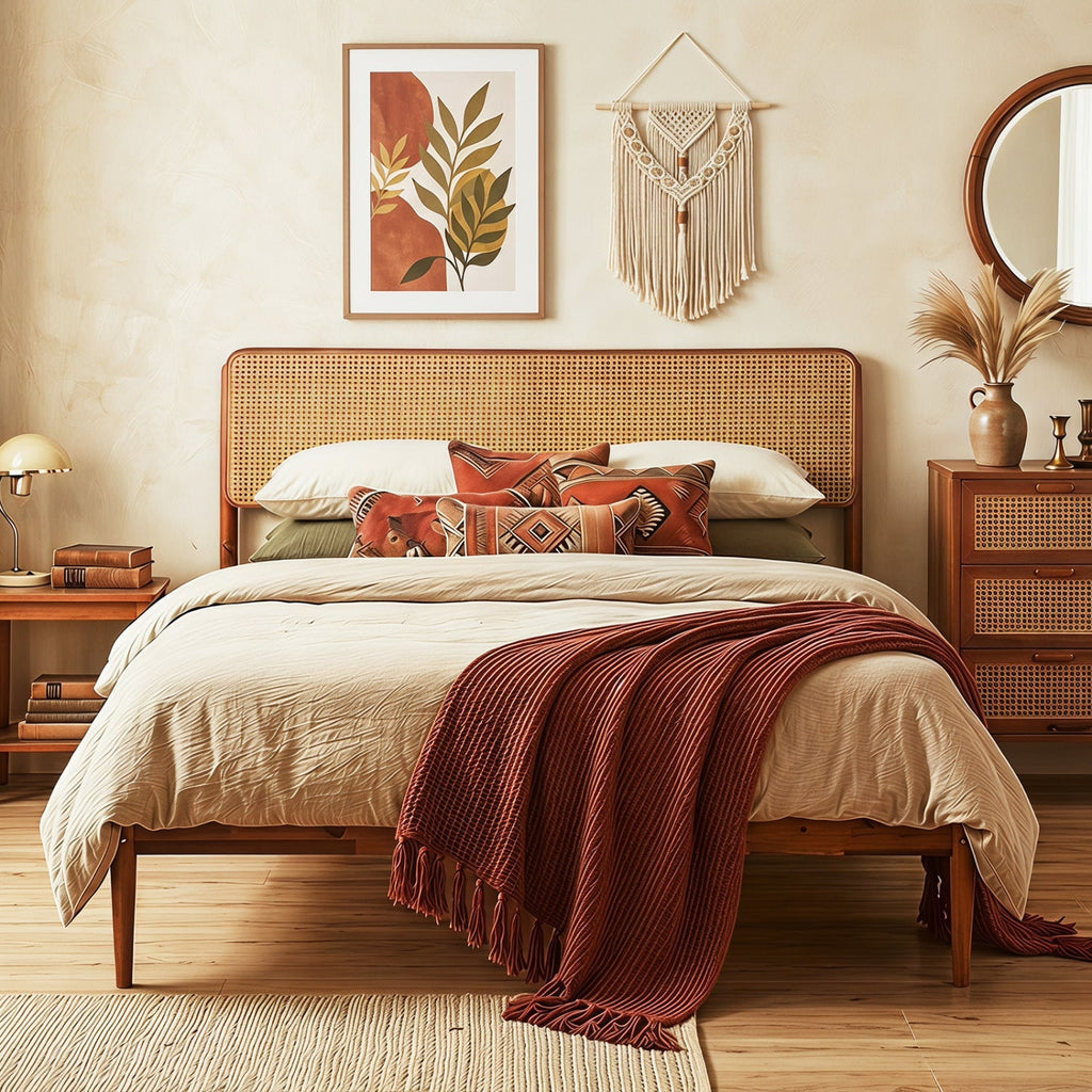 Queen Rattan Headboard Bed Frame with Wood Slat Support