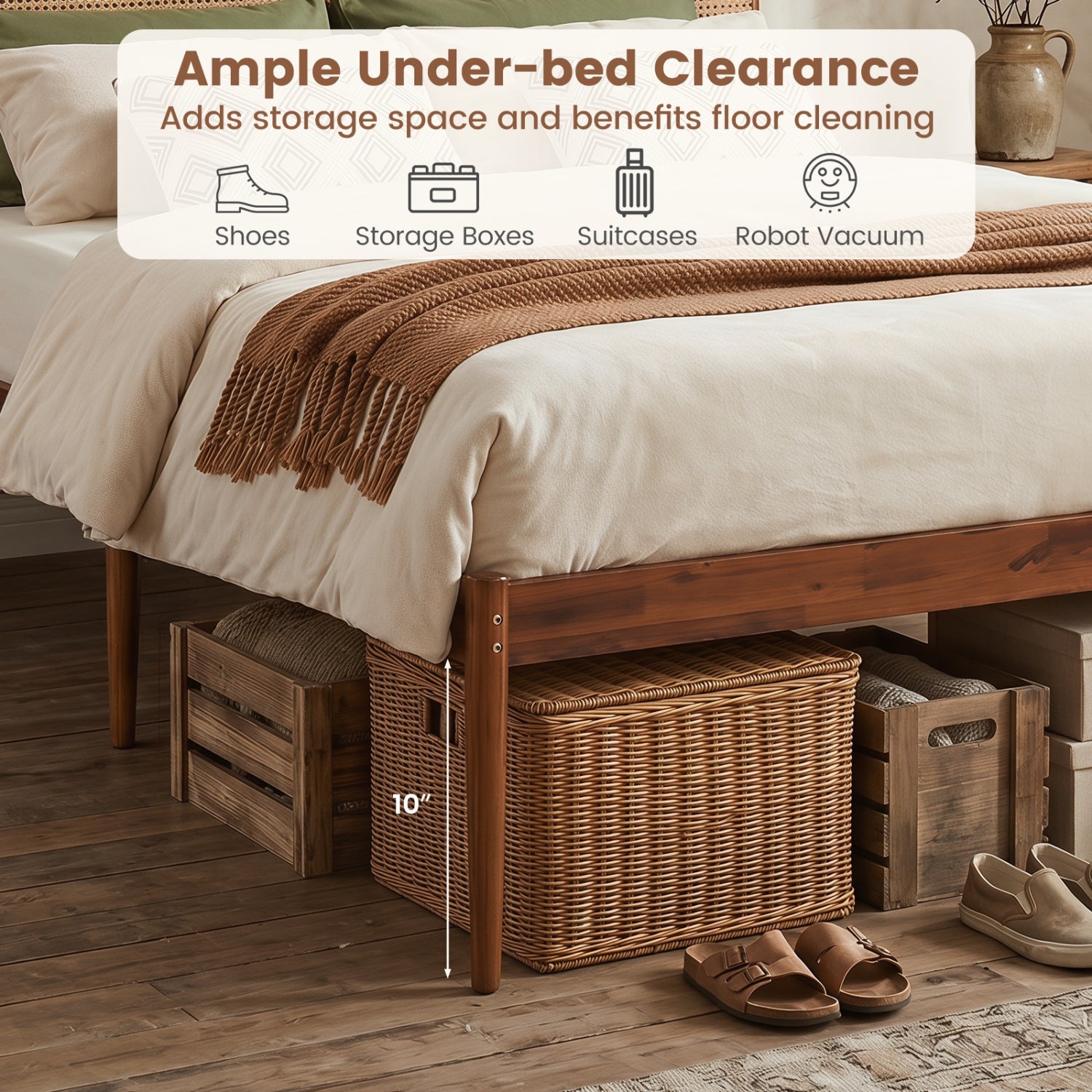 Queen Rattan Headboard Bed Frame with Wood Slat Support