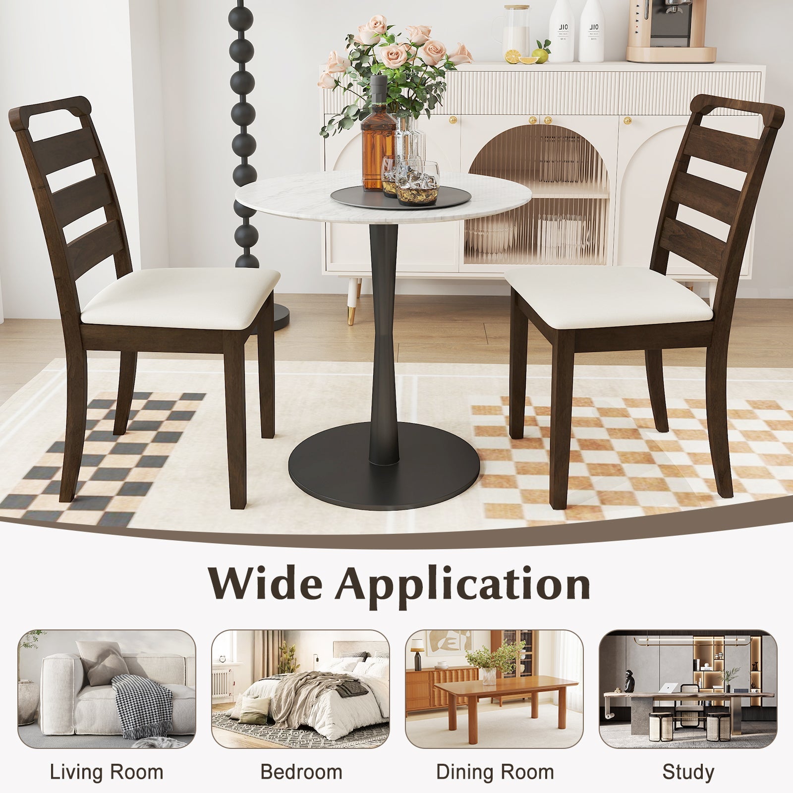 Polyester Upholstered Wooden Dining Chair Set of 2-Walnut