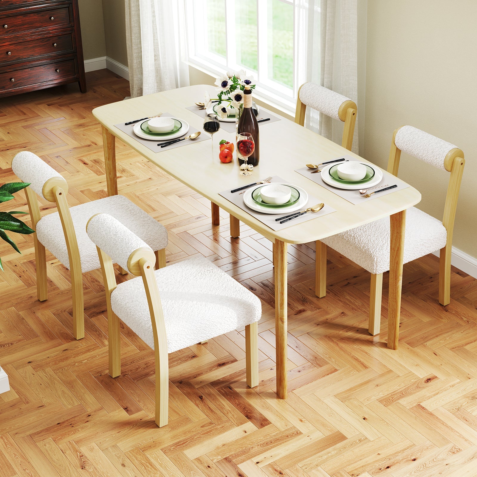 Wooden Dining Chair with Rubber Wood Frame and Cylinder Back Set of 2-White