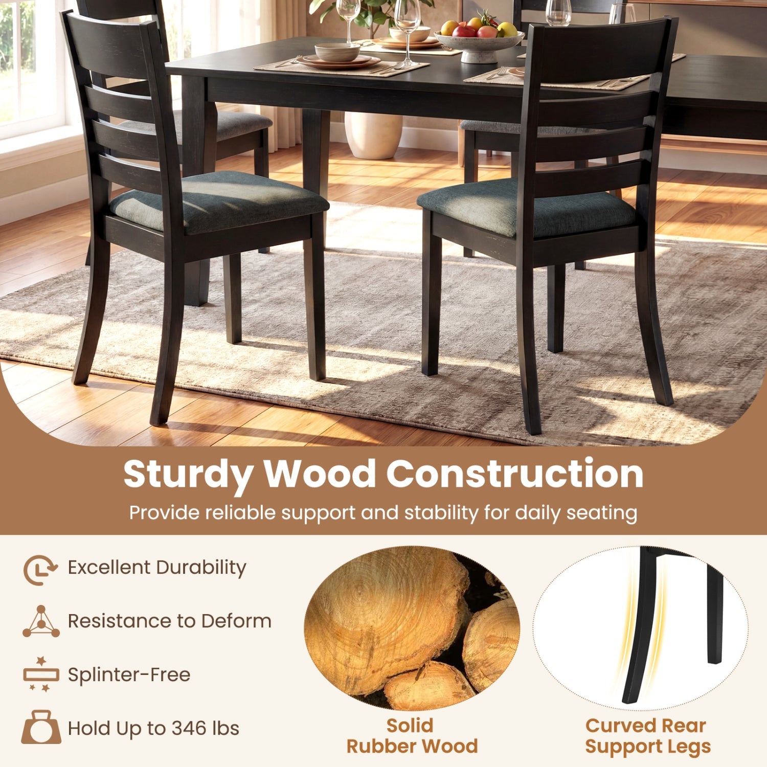 Wooden Dining Chairs Set of 2 Upholstered Kitchen Chairs with Rubber Wood Frame
