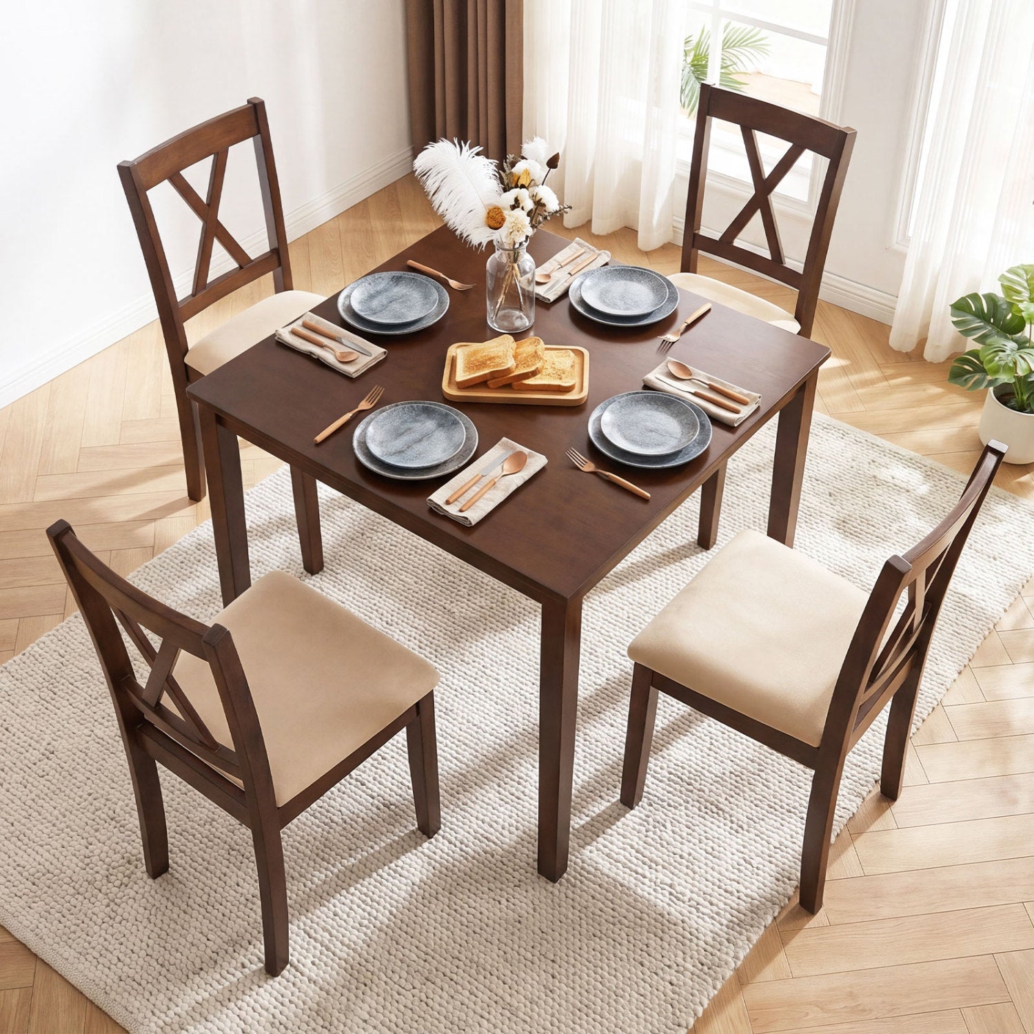 Wooden Dining Chairs Set of 4 Fabric Upholstered Kitchen Chairs