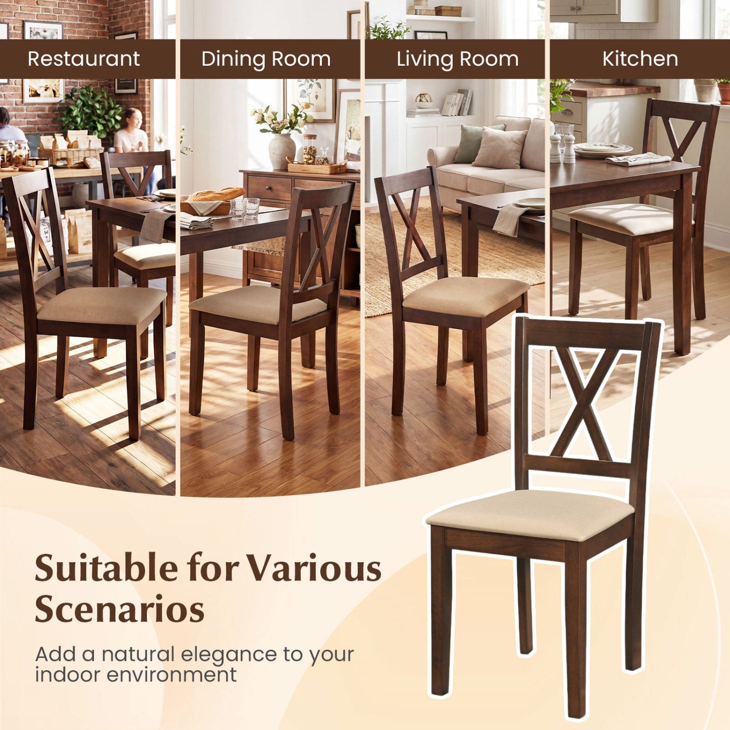 Wooden Dining Chairs Set of 4 Fabric Upholstered Kitchen Chairs