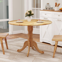 Wooden Dining Table with Round Tabletop and Curved Trestle Legs-Natural