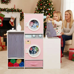 Wooden Kids Laundry Playset with Laundry Detergent Bottle and Clothes Hangers-Pink
