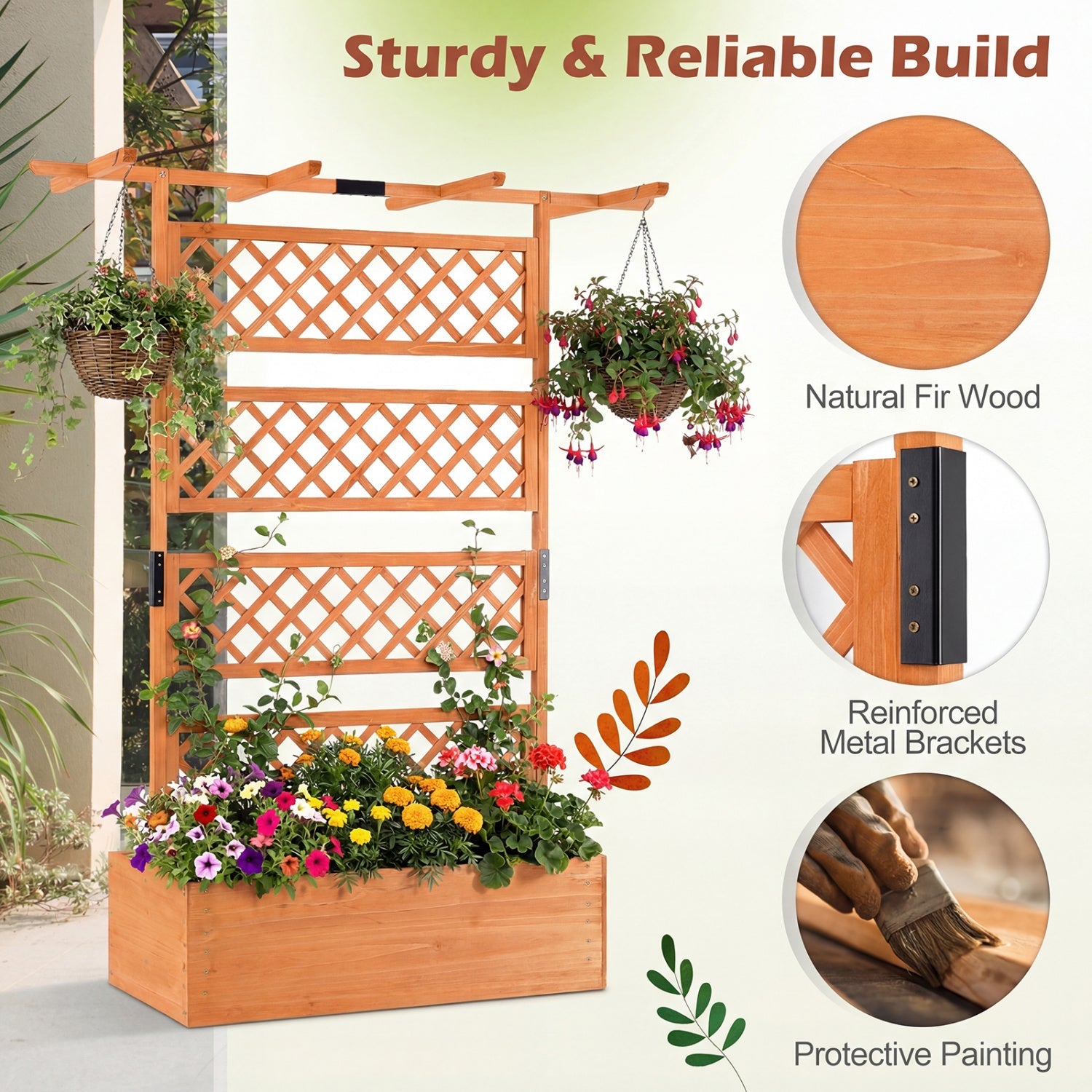 Wooden Planter Box with Lattice Trellis Raised Garden Bed Privacy Screen with Flat Roof