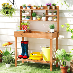 Wooden Potting Bench Table Garden Planting Workstation with 3-Tier Open Shelf