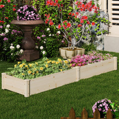 Wooden Raised Open-Ended Base Garden Bed with 2 Planter Boxes Divider-Natural