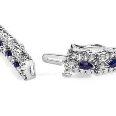 Sterling Silver Dark Blue Sapphire and Topaz Marquise Floral Art Deco Link Bracelet