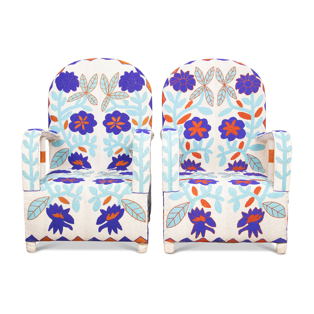 Yoruba Beaded Arm Chair Set of 2 | Blue Flowers