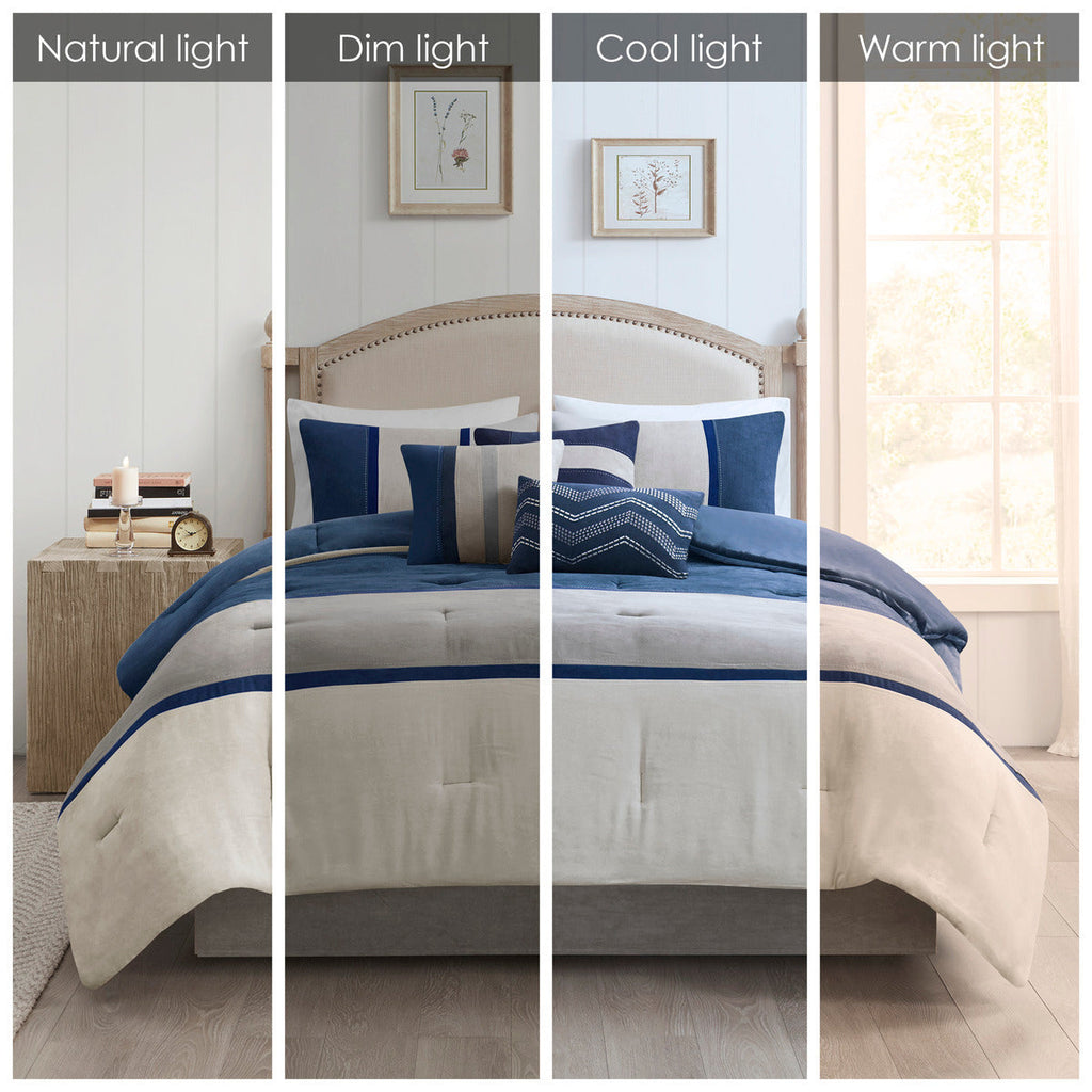 7 Piece Faux Suede Comforter Set Blue Queen
