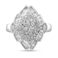 14K White Gold 7/8 Cttw Round and Baguette-Cut Diamond Cluster Ring (H-I Color, SI2-I1 Clarity) - Size 7