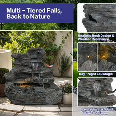 4-Tiered Gray Concrete Rock Waterfall Fountain with LED Lights
