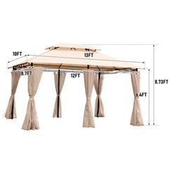 Khaki Outdoor Patio Gazebo Canopy Tent with Ventilated Double Roof and Mosquito Net, 13x10 Ft